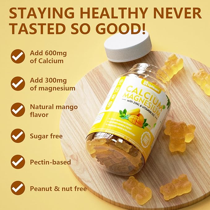 Calcium Magnesium Zinc with Vitamin D3 Supplement, Sugar Free Calcium Gummies for Women Men, High Absorption Zinc Gummies for Bone & Muscle & Immune Health, Vegan Mango Flavor - 120 Count