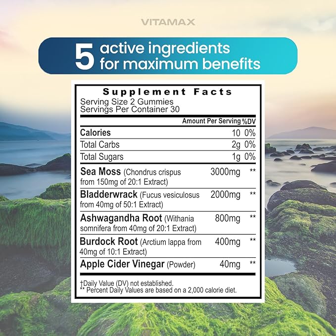 Irish Sea Moss Gummies, Sea Moss 3000mg, Bladderwrack 2000mg, Ashwagandha 800mg, Burdock Root 400mg, ACV, Non-GMO and Vegan – Made in USA – 60ct