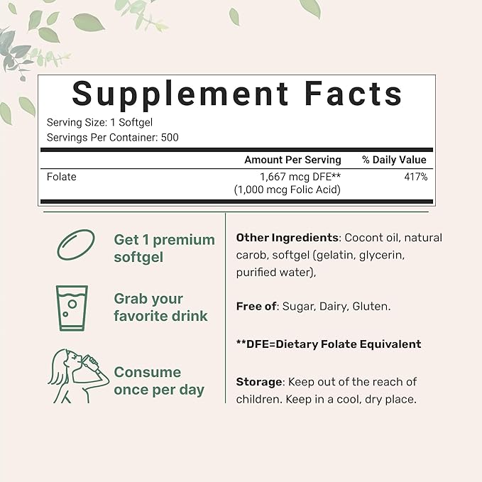 Folic Acid 1,000 mcg, 500 Coconut Oil Softgels (1mg) | Essential Prenatal Vitamins (Vitamin B9) | 1,667 mcg DFE | Third Party Tested, No Artificial Colors or Flavors | Non-GMO, Gluten Free