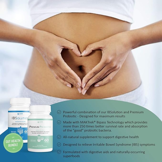 IBSolution Gut Health Bundle - All Natural Gut Health Support & Premium Probiotics w/ 40 Billion CFU for Support of Irregular Bowels, Bloating, Constipation, Gas, Abdominal Pain - 2 Pack (120 Caps)