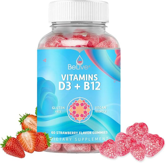 BeLive Vitamin D3 Gummies with B12 Vitamins - 60 Ct I Immune Support Gummies with Vegan Vitamin B12 & D3, Provides Enhanced Bone & Muscle Strength, Hearth Health and Energy - Strawberry Flavor