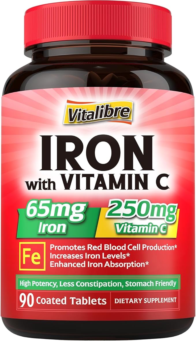 Iron Supplement 65mg with Vitamin C, Stomach Friendly Carbonyl Iron, High Absorption, Once Daily, Supports Red Blood Cell Production, Gluten Free, Non-GMO, 90 Tablets
