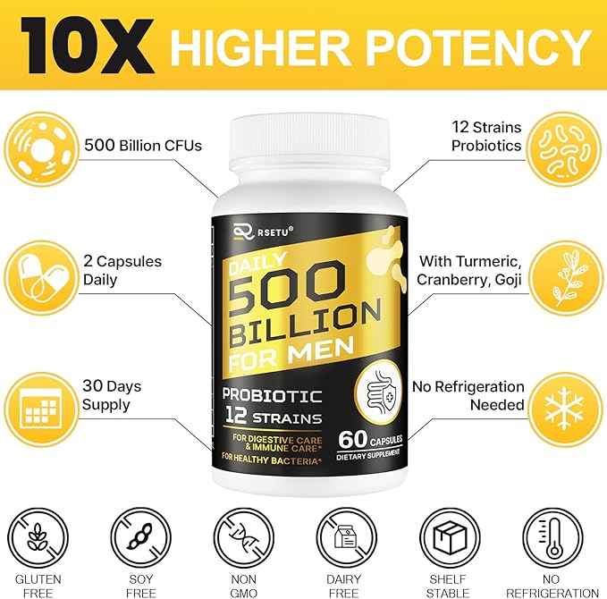 Probiotics for Men, 500 Billion CFU 12 Strains Mens Probiotic with Turmeric Cranberry & Goji, Gut Health for Men, Probiotics for Men Digestive Health, Bloating, Immune & Overall Health, 120-Day Supply