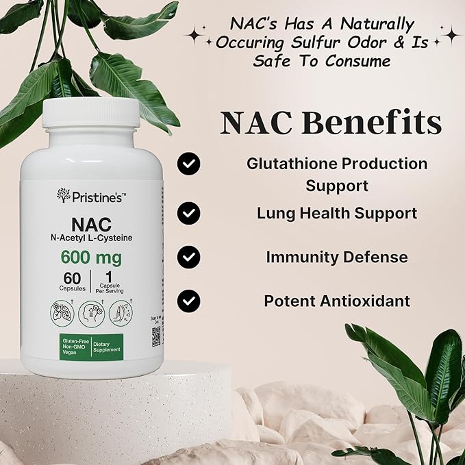 PRISTINE'S N-Acetyl L-Cysteine (NAC) 600MG (2 Pack) Immunity Support Supplement - 120-Day Supply - Potent Lung & Liver Antioxidant Supplement Capsules - Mood Support - Vegan, Glutern Free, Non GMO