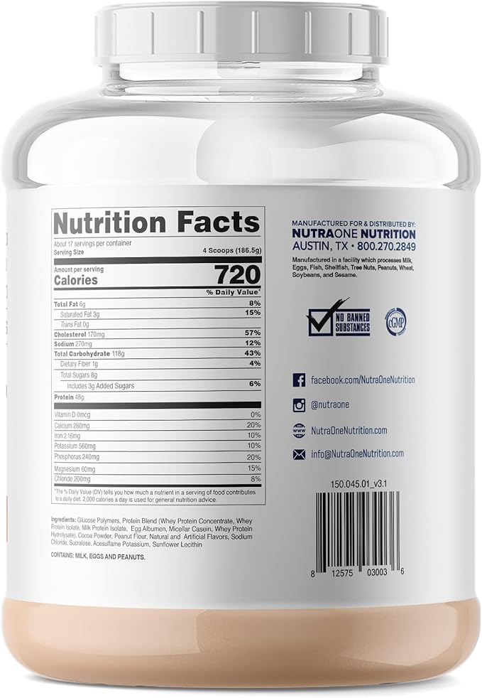 NutraOne Massone Mass Gainer Protein Powder Gain Mass Protein Meal Replacement (Chocolate Peanut Butter - 7 lbs.)