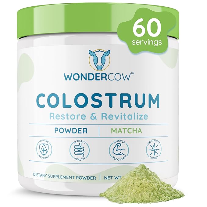 WONDERCOW Colostrum Supplement Powder for Gut Health, Immune Support, Muscle Recovery & Wellness | Natural IgG Pure Whole Bovine Colostrum Superfood, Matcha, 60 Servings