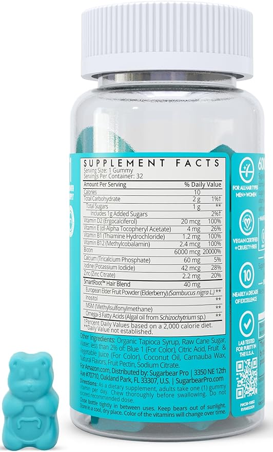 Sugarbear Hair Vitamin Gummy 1 Month Supply Extra Strength Biotin 6000mcg, Growth for Men & Women, Vegan Vitamin B12, MSM, Inositol, Omega 3, Elderberry, Certified Kosher, Halal, Cruelty-Free