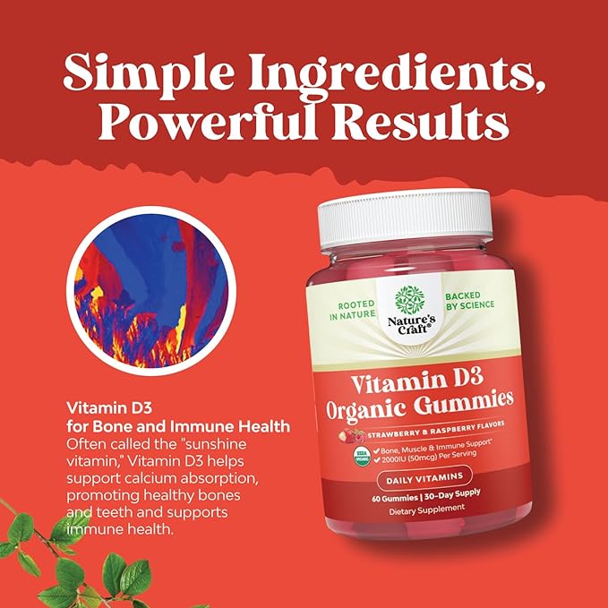 Organic Vitamin D Gummies for Adults - Daily Immune Support Gummies with Vegan Vitamin D3 2000IU - USDA Organic Vitamin D3 Gummies for Adults Wellness - Non GMO Gluten Free - 1 Month Supply