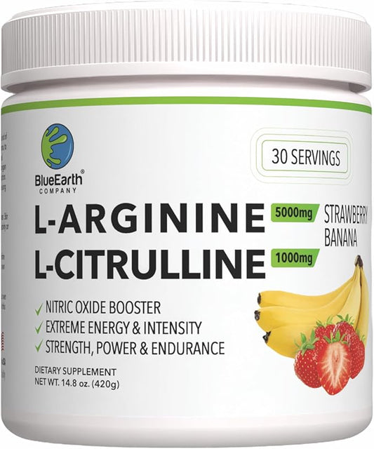 L-Arginine 5000mg + L-Citrulline Complex Powder Supplement Drink Mix - Nitric Oxide Booster for Heart Health, Blood Flow & Energy - 30 Servings (Strawberry Banana)