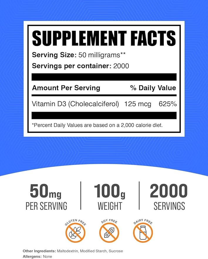 BulkSupplements.com Vitamin D3 Powder - Cholecalciferol, Vitamin D Supplements, Vitamin D3 5000 IU - Gluten Free, 50mg (125mcg of Vitamin D3) per Serving, 100g (3.5 oz) (Pack of 1)