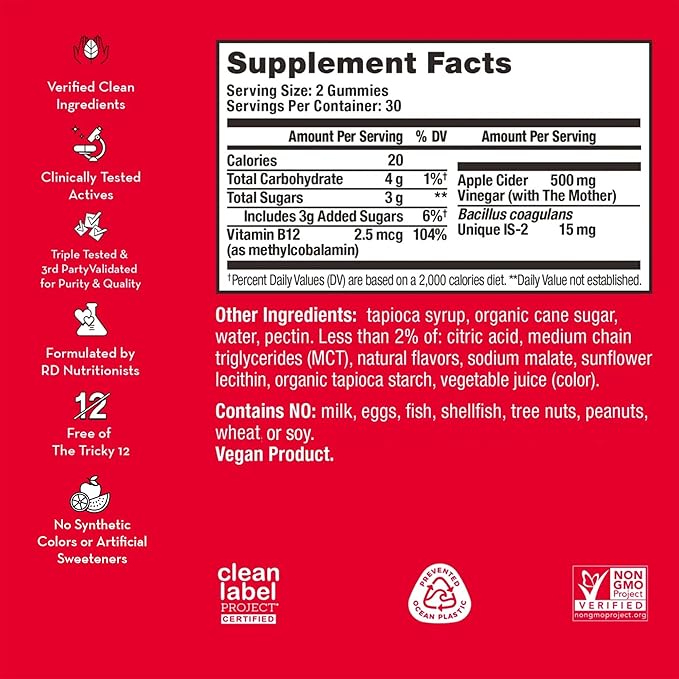 HUM Pro ACV Gummies -100% Organic Apple Cider Vinegar with The Mother, Probiotics for Digestive Health & B12 for Metabolism Support (60 Count)