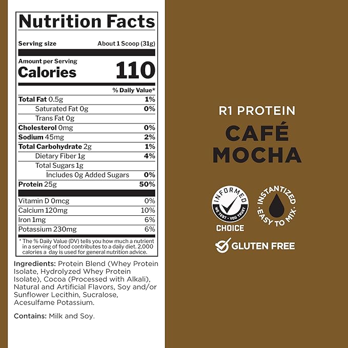 Rule One Proteins R1 Protein - 25g Fast-Acting, Super-Pure 100% Isolate and Hydrolysate Protein Powder with 6g BCAAs (5 Pounds*, Café Mocha)