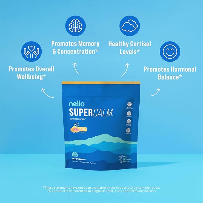 Nello Supercalm Powdered Drink Mix, Tropical Tangerine, L Theanine, Ksm-66 Ashwagandha, Magnesium Glycinate, Vitamin D 3, Supplements for Relaxation & Focus, Natural, No Sugar, Non GMO, Vegan, 20 Srvg