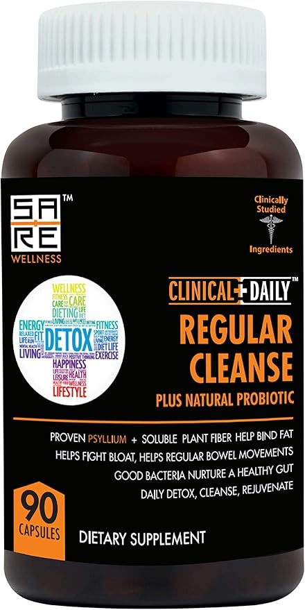 Clinical Daily Regular Cleanse. Natural Colon Cleanser & Detox for Energy and Constipation Relief. 90 Herbal Dietary Fiber Pills - Psyllium Husk Powder Capsules with Glucomannan, Aloe, PROBIOTICS