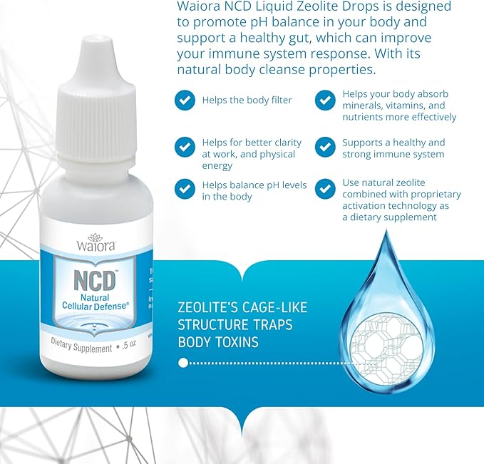 Waiora Natural Cellular Defense (NCD) Liquid Zeolite Drops, Clinoptilolite for Men & Women - Supplement for Immune, Healthy Gut Support, Cleanse, pH Balance (0.5oz Bottle, 4 ct – 360 serv)…