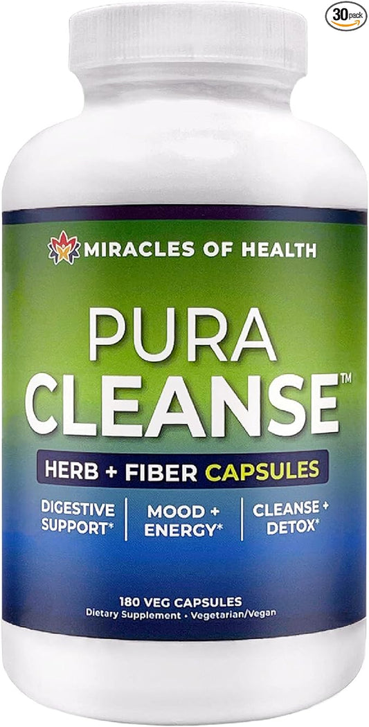 Pura Cleanse Fiber Caps | 100% Natural Herb and Fiber Detox Capsules | Month Supply