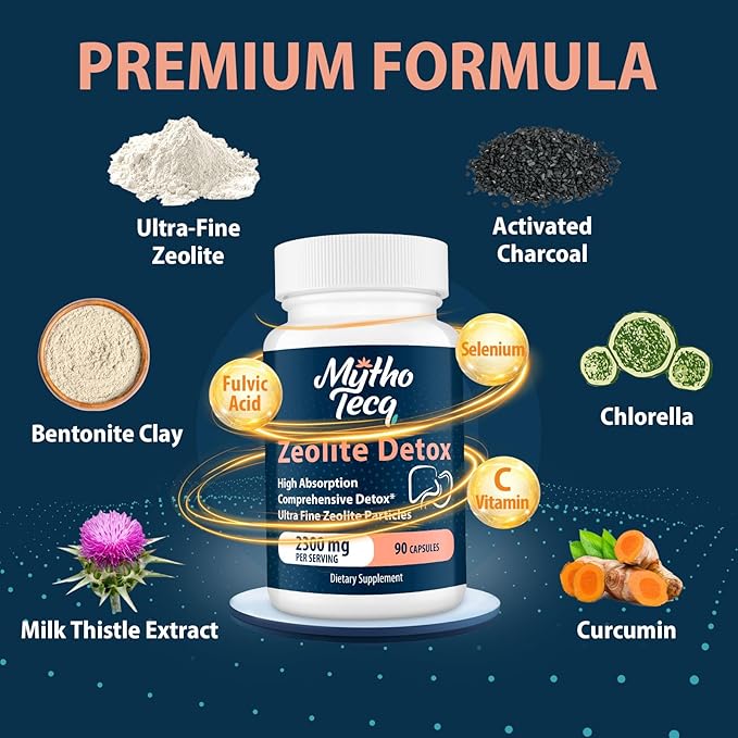 2300 MG Zeolite Detox Capsules - Activated Charcoal & Bentonite Clay, Highly Absorbable Full Body Detox, Liver & Gut Detox Cleanse, Zeolite Clinoptilolite for Heavy Metal Detox （90 Capsules）