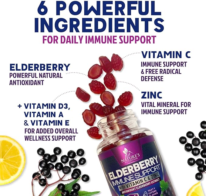 Immune Support Gummies - Powerful Sambucus Elderberry Gummies with Elderberry Extract, Zinc & Vitamin C Gummy, Max Potency Natural Vegan Immune Support Supplement for Adults & Children - 120 Gummies