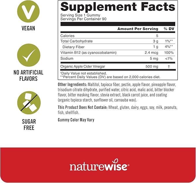 NatureWise Apple Cider Vinegar ACV Gummies - 1000mg ACV per 2, Sugar Free, Vegan - Energy & Gut Health - ACV Gummies W/Vitamin B12-90 Gummies[1.5-Month Supply for 1000mg / 3-Month Supply for 500mg]