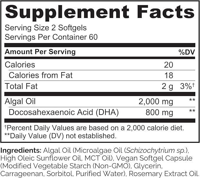 NATURELO Vegan DHA - Omega 3 Oil from Algae - Supplement for Brain, Heart, Joint, Eye Health - Provides Essential Fatty Acids for Women Men and Kids - Complements Prenatal Vitamins - 120 Softgels