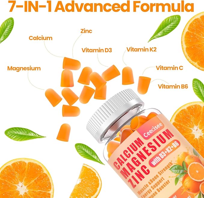 Calcium Magnesium Zinc Gummies with D3 &B6 &K2,1000mg Calcium Gummies with 300mg Magnesium Support Bone & Muscle for Adults and Teens,Sugar Free (60 Count)