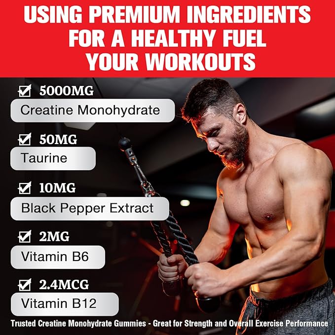 Creatine Monohydrate Gummies for Men & Women - 5000mg Creatine Pre-Workout Gummies with Taurine & Vitamin B6 B12 for Maximum Strength, Muscle, Energy, Endurance & Focus, Organic,Vegan-120 Count