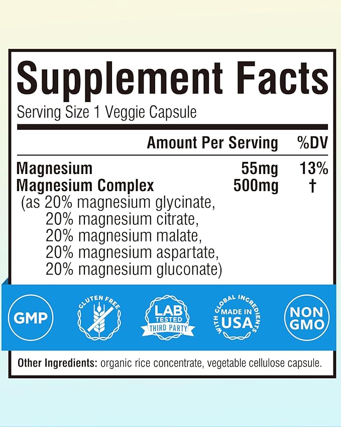 Terranics 5-in-1 Magnesium Complex Supplement 500mg - 5 Forms High Absorption Magnesium Glycinate Citrate Malate Aspartate Gluconate for Sleep Muscle Heart Health - Non-GMO 240 Vegan Capsules