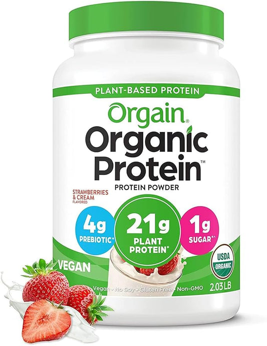 Orgain Organic Vegan Protein Powder, Strawberries & Cream - 21g Plant Based Protein, 4g Prebiotic Fiber, Low Net Carb, No Lactose Ingredients, No Added Sugar, Non-GMO, For Shakes & Smoothies, 2.03 lb