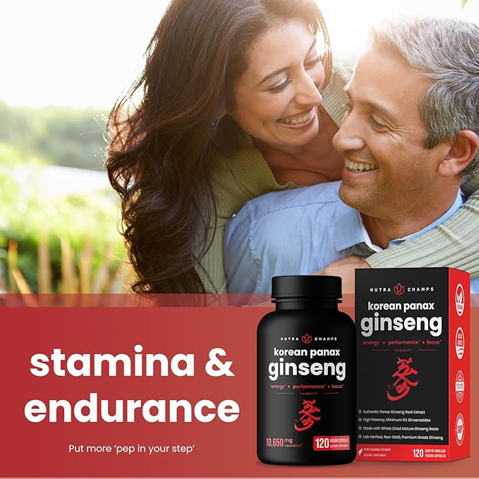 NutraChamps Korean Red Panax Ginseng Capsules | Extra Strength Ginsenosides for Energy, Focus, Performance, Vitality & Immune Support | Korean Red Ginseng Root Extract Powder Supplement | Vegan Pills