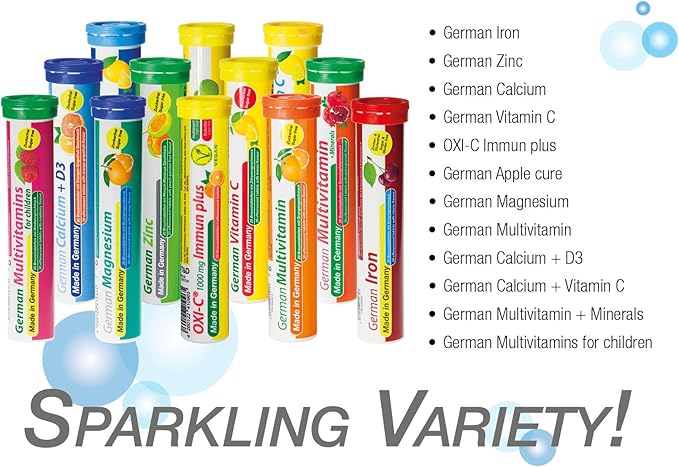 German Vitamin, Minerals - 240 Vegan/Vegetarian Drink Effervescent Tablets - Mixed Fruit Flavor Box - Made in Germany