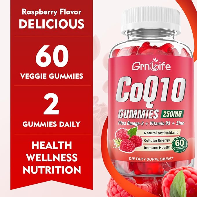 Sugar Free CoQ10 Gummies, CoQ10 250mg, Plus Omega-3, Vitamin B3 & Zinc, High Absorption Coenzyme Q10 Supplements for Cellular Energy, Antioxidant, Raspberry Flavor, 60 Count