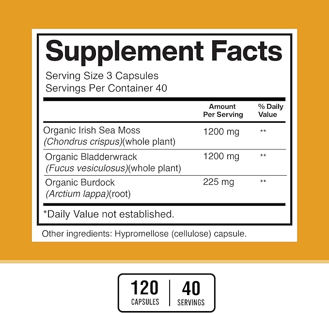 American Standard Supplements Organic Sea Moss, Bladderwrack & Burdock Root Capsules - 1200mg Sea Moss, 1200mg Bladderwrack, 225mg Burdock Root Per Serving - 120 Capsules, 40 Servings