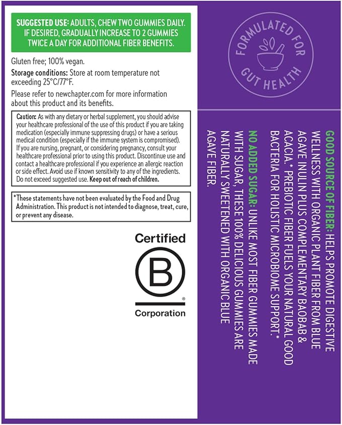 New Chapter Organic Fiber Gummies for Adults, up to 8g Plant-Based Prebiotic Fiber for Digestive Health, Vegan, Non-GMO, USDA Organic, Gluten Free, Citrus-Berry Flavored, 60 ct