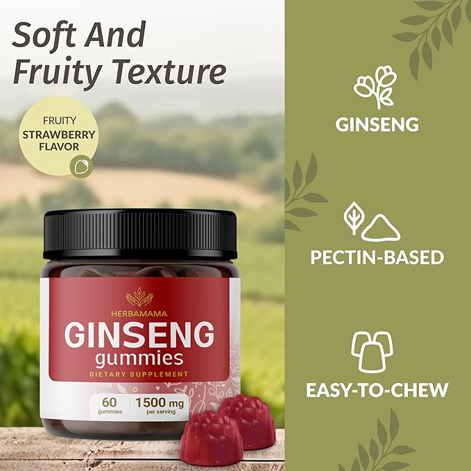 HERBAMAMA Korean Red Ginseng Gummies - 1500 mg Red Panax Ginseng Root Energy Supplements - Ginseng Supplement for Men and Women - Vegan, Gelatin-Free, Non-GMO - 60 Strawberry-Flavored Chews