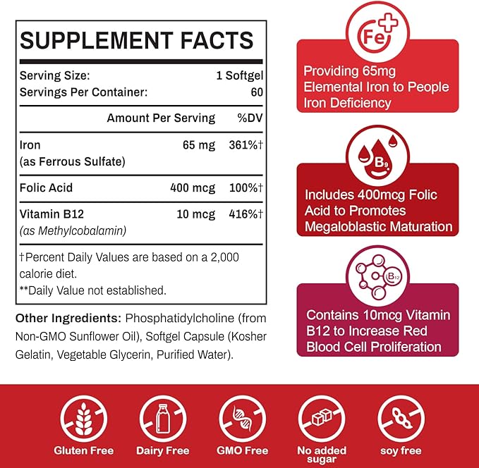 Liposomal Fe Iron Supplement for Women,65 mg Iron Supplements with Folic Acid & Vitamin B12 for Men,Red Blood Cell Production,Energy Support for Adults Iron Deficiency 60 Softgels(1 Bottle)