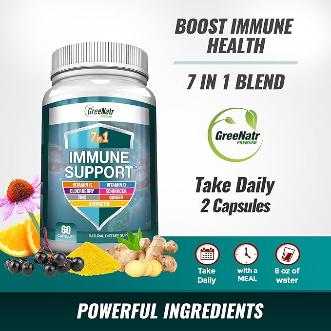 7 in 1 Immune Support Supplement with Vitamin C, Vitamin D3, Zinc 50mg, Quercetin, Echinacea Purpurea, Sambucus Elderberry and Ginger for Complete Immune Defense - 60 Capsules (12 Bottles)
