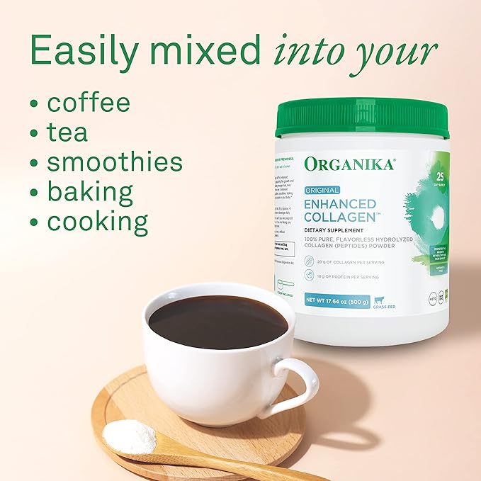 Organika Enhanced Collagen Peptides Protein Powder for Healthy Hair, Skin, Nails, Joints - Hydrolyzed for Better Absorption - Grass-Fed, Non-GMO, Type I and III - Unflavored 17.64 oz