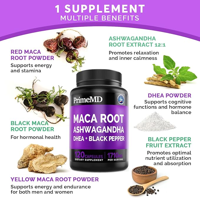 6-in-1 Organic Maca Root & Ashwagandha Capsules 1710mg w/DHEA & Black Pepper Fruit Extract - Maca Root Capsules for Women & Men - Stamina, Bone and Mood Support Supplement,120 Capsules (40 Servings)
