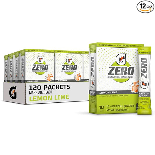 Gatorade G Zero Powder, Lemon Lime, 0.10oz Packets, 10 Count (Pack of 12)