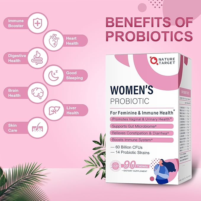 NATURE TARGET Probiotics-for-Women, Probiotics and Prebiotics, Cranberry and D-Mannose, 60-Billion-CFUs, Organic Probiotics for Digestive Health/Gut Health/Immune Booster, Women's Probiotics