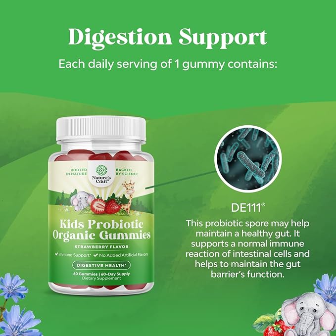 USDA Organic Probiotic Gummies for Kids - Vegan Non-GMO Kids Probiotic Gummy Vitamin for Immunity and Digestive Health - Gentle 2.5B CFU Organic Probiotics for Kids - Strawberry Flavor (2 Months)