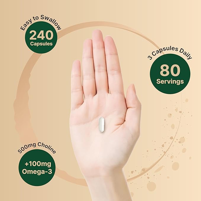 Choline Supplements 500mg with Omega-3 Fatty Acids, 240 Capsules | High Potency Choline Bitartrate – Prenatal Support During Pregnancy – Promotes Energy, Liver, Brain, & Cognitive Health