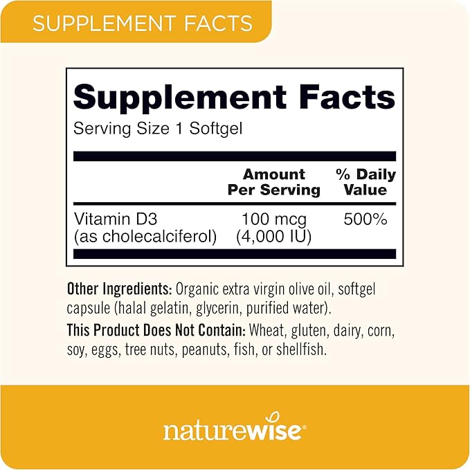 NatureWise Vitamin D3 4000iu (50 mcg) 90-Day Supply for Immune Support, Healthy Muscle Function, and Bone Health - Non-GMO, Gluten Free in Organic Extra Virgin Olive Oil, (Mini Softgel), 90 Count