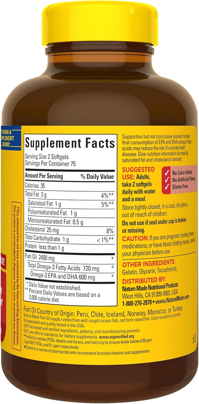 Nature Made Fish Oil 1200 mg Softgels, Fish Oil Supplements, Omega 3 Fish Oil for Healthy Heart Support, Omega 3 Supplement with 150 Softgels, 75 Day Supply