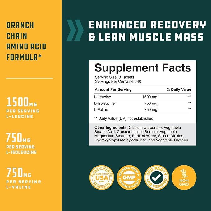 Branch Chain Amino Acids Supplement - Vegan BCAA Tablets Post Workout Muscle Recovery and Muscle Growth Support - Branched Chain Amino Acids Supplement for Men and Womens Workout Recovery 120 Count