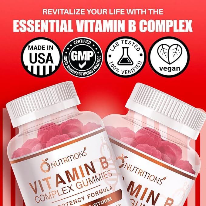 O NUTRITIONS Vitamin B Complex Vegan Gummies with Vitamin B12, B7 as Biotin, B6, B3 as Niacin, B5, B6, B8, B9 as Folate for Stress, Energy and Healthy Immune System (1 Pack)