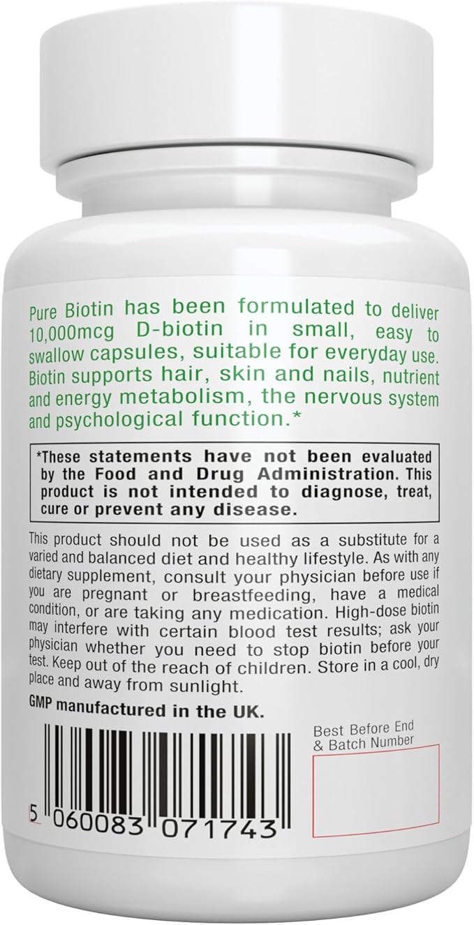 Pure Biotin 10,000mcg, Extra Strength Biotin, 180 Small Easy to Swallow Capsules, Vitamin B7, Clean Label, Lab Verified, & Vegan & Hypoallergenic, No After Taste or Smell, by Igennus