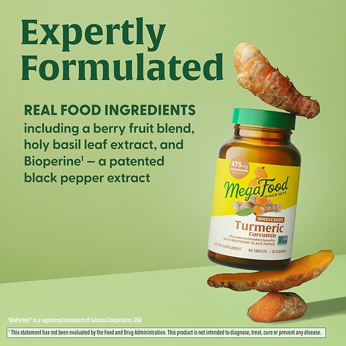 MegaFood Turmeric Curcumin Extra Strength - Whole Body - Turmeric Curcumin with Black Pepper - 475mg Curcuminoids - Holy Basil, Tart Cherry - Made Without 9 Food Allergens - 90 Tabs (45 Servings)