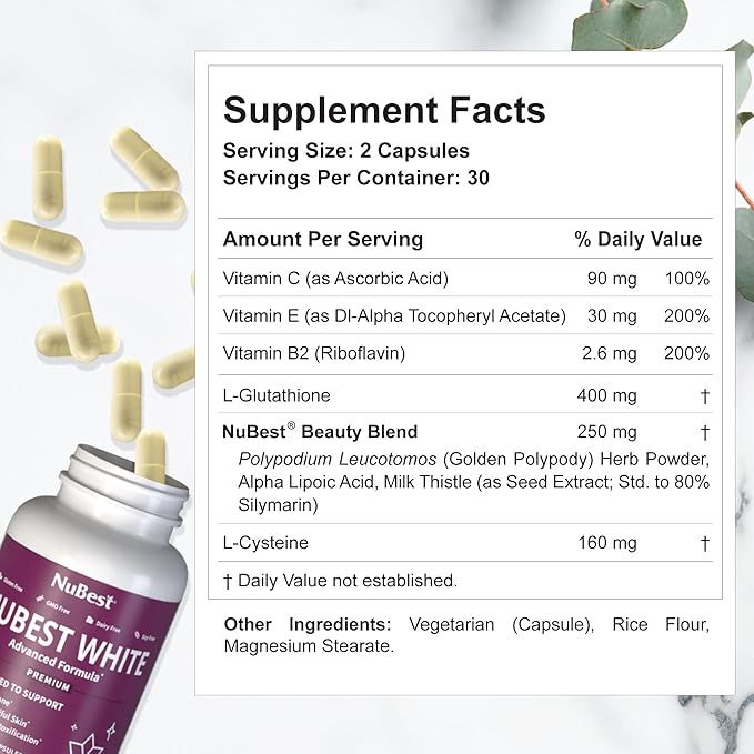 NuBest White - Glutathione 400mg & Milk Thistle Extract - Skin Brightening Supplement - Supports Beautiful and Radiant Skin - Antioxidant & Detoxification - 2 Pack | 2 Months Supply