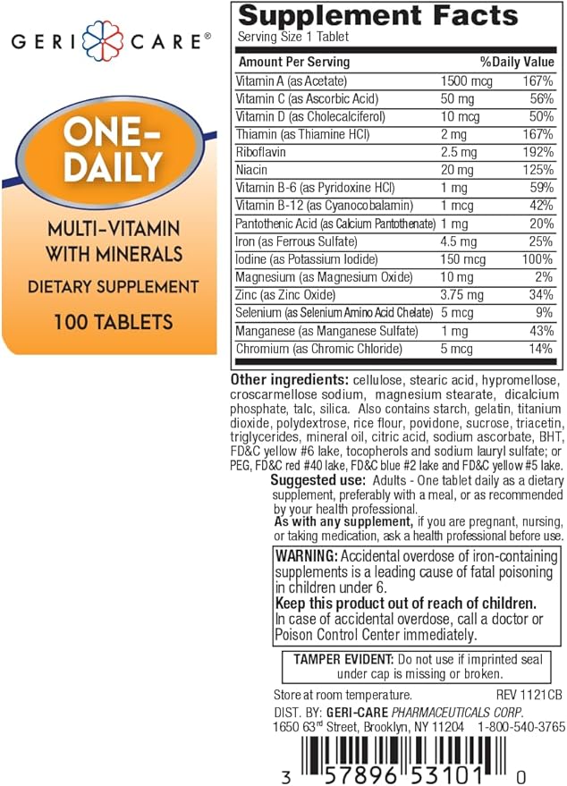 GeriCare One-Daily Multi-Vitamin & Minerals, Dietary Supplement Tablets, 100 Count (Pack of 2)